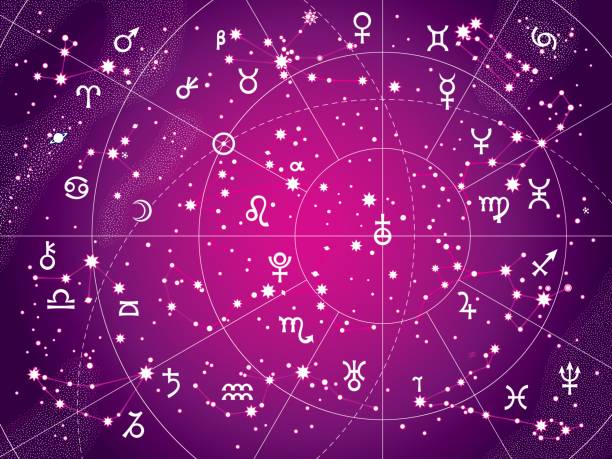ilustraciones, imágenes clip art, dibujos animados e iconos de stock de xii las constelaciones del zodíaco (versión antigua púrpura) - jupiter