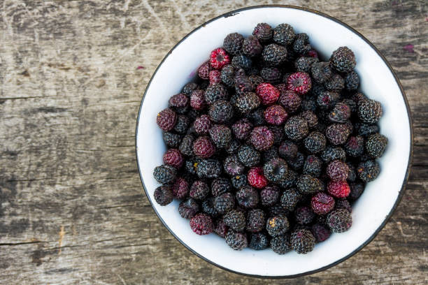 istock Ripe blackberries in rustic bowl on old wooden background. Top view 814167802