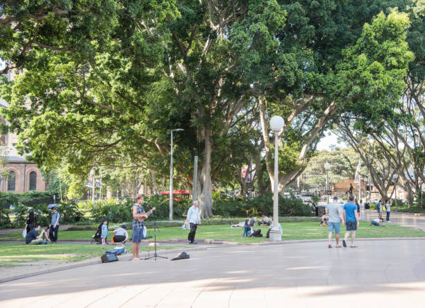 Musician at Hyde Park Sydney,NSW,Australia-November 18,2016: Musician singing and playing the ukulele at Hyde Park with people and lush greenery in Sydney, Australia. hyde park sydney stock pictures, royalty-free photos & images