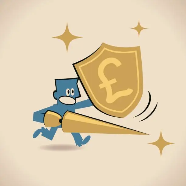 Vector illustration of Lame Castle, Businessman (knight) running carrying a gold Pound Currency sign money shield and lance