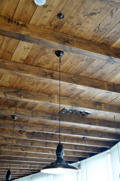 istock Wooden industrial style ceiling with a lamp hanging 814200954