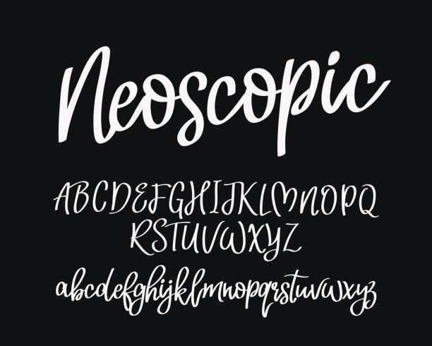 Stylish modern vector font Stylish modern vector font on black background. Uppercase and lowercase letters. Lettering, typography, calligraphy. English alphabet. Elements for design. non western script stock illustrations