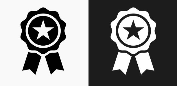 Star Ribbon Icon on Black and White Vector Backgrounds Star Ribbon Icon on Black and White Vector Backgrounds. This vector illustration includes two variations of the icon one in black on a light background on the left and another version in white on a dark background positioned on the right. The vector icon is simple yet elegant and can be used in a variety of ways including website or mobile application icon. This royalty free image is 100% vector based and all design elements can be scaled to any size. rewards icon stock illustrations