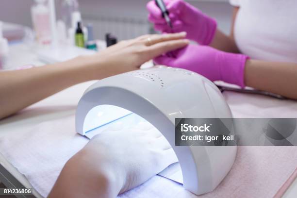 Uv Lamp Gel Polish Manicure Process Stock Photo - Download Image Now - Fingernail, Ultraviolet Light, Electric Lamp