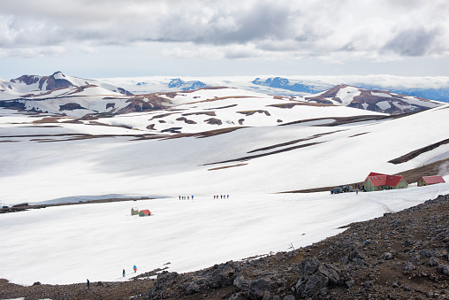 Hrafntinnusker, Iceland - July 4th 2017, Hikers climb the glacier valley in Hrafntinnusker.