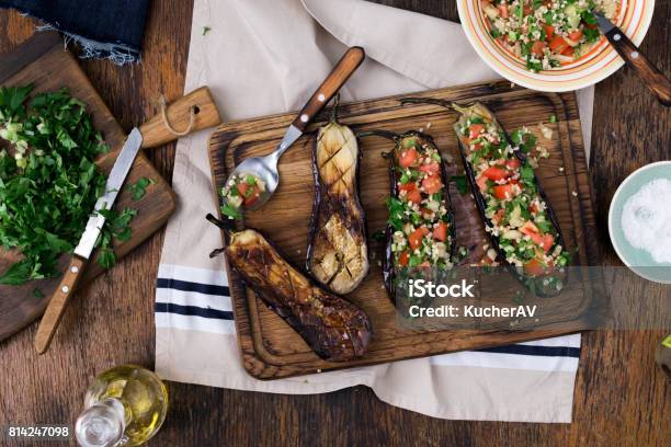 Stuffed Eggplant Porridge Bulgur And Vegetables On The Cutting Board Cooking Healthy Food Concept Stock Photo - Download Image Now