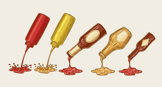Vector illustration of an engraving style set of different sauces are poured from bottles. Ketchup, mayonnaise, mustard, chilli sauce and others