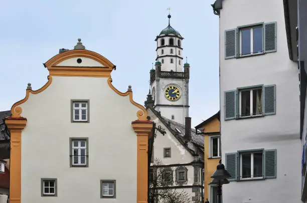 Old tower Blaserturm and the historic houses of Ravensburg, Baden-Wurttemberg, Germany.