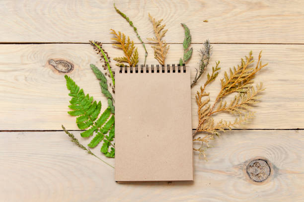 istock Mock up of craft paper notepad on a wooden background. 814269094