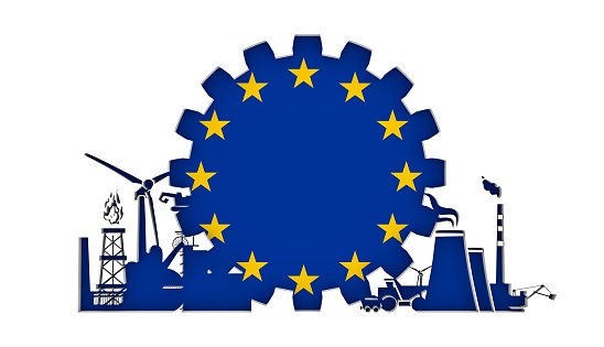 Energy and Power icons set with flag of the European Union. Sustainable energy generation and heavy industry. 3D rendering.