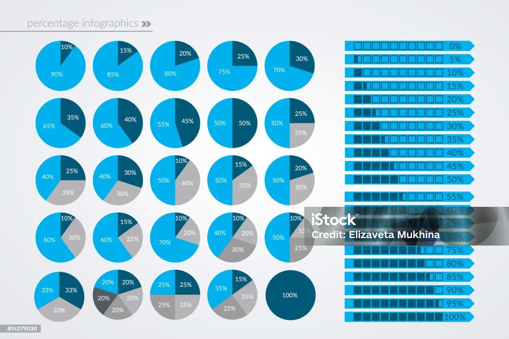 0 5 10 15 20 25 30 33 35 40 45 50 55 60 65 70 75 80 85 90 95 100 percent pie and arrow charts. Vector percentage infographics. Circle and line diagrams isolated. Set of business icon illustrations Pie Chart stock vector