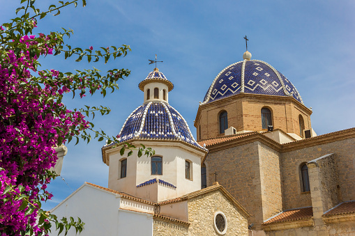 Pink flowers in front of the blue domes of the church in Altea, Spain