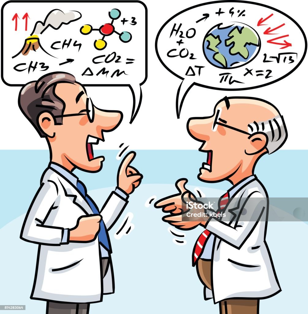 Scientific Debate Vector illustration of two elderly scientists having an heated debate. Concept for scientific disagreement, climate change or global warming. Scientist stock vector