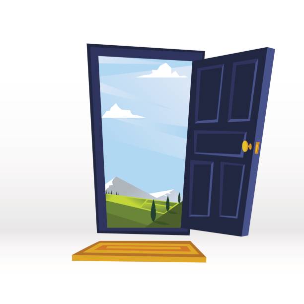 istock Open door to a green valley with mountains landscape. Vector illustration 814293116