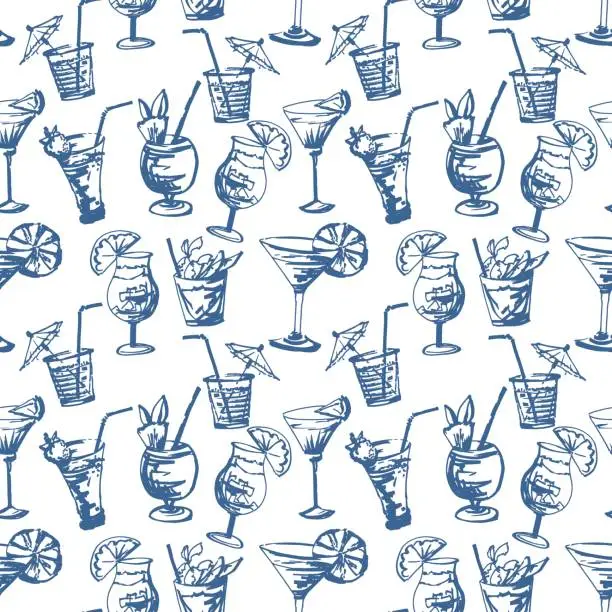 Vector illustration of Seamless pattern with hand drawn cocktails glasses.
