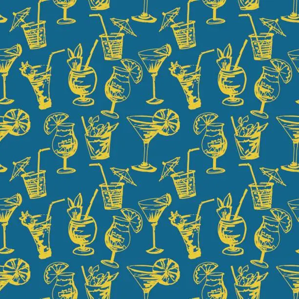 Vector illustration of Seamless pattern with hand drawn cocktails glasses.