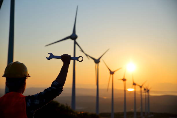 istock Worker looking at a field of wind turbines 814322724