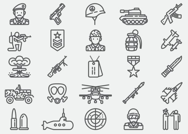 ilustraciones, imágenes clip art, dibujos animados e iconos de stock de iconos de la línea militar - armas de destrucción masiva