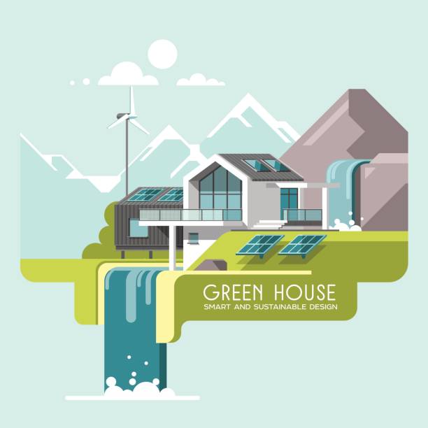 illustrations, cliparts, dessins animés et icônes de énergie et eco friendly moderne maison verte sur fond de paysage de montagne. maison de la cascade. solaire, énergie éolienne. 3d illustration vectorielle. - healthy lifestyle house backgrounds recycling