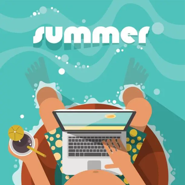 Vector illustration of Man relaxing on the swim ring and connecting with his laptop. Theme of summer holiday in flat style. Top view.