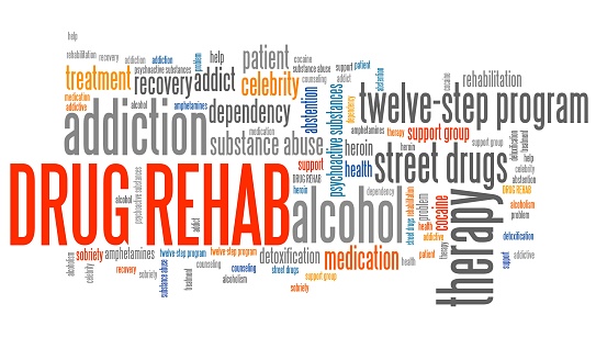 Drug rehab and drugs addiction word collage.