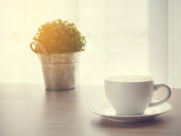istock coffee cup of latte coffee, small tree garden on pot and blurry white drape texture background, warm tone. 814335022