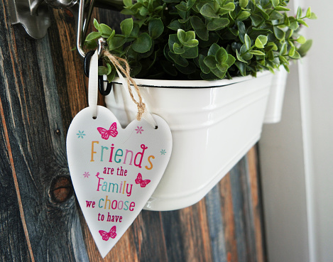 Make a house feel like a family home with this friends sign hanging on a plant pot on the wall.