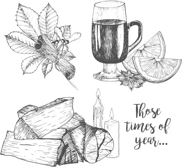 Vector illustration of Vector set of cozy home essentials. Mulled wine, anise, orange, cinnamon, chestnut leaf, firewoods, candles.