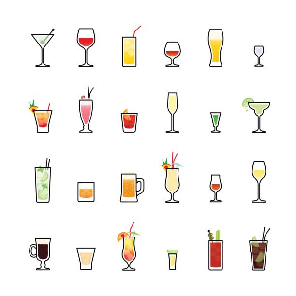 illustrazioni stock, clip art, cartoni animati e icone di tendenza di icone di colore bevande impostate su sfondo bianco - whisky shot glass glass beer glass
