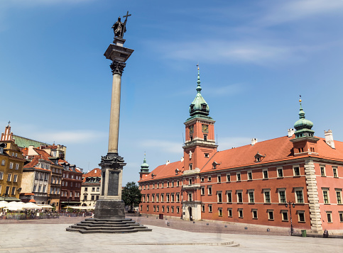 Warsaw, Poland - June 28, 2017: Royal Castle and Sigismund's Column in Warsaw at sunny day. Long exposure photo.