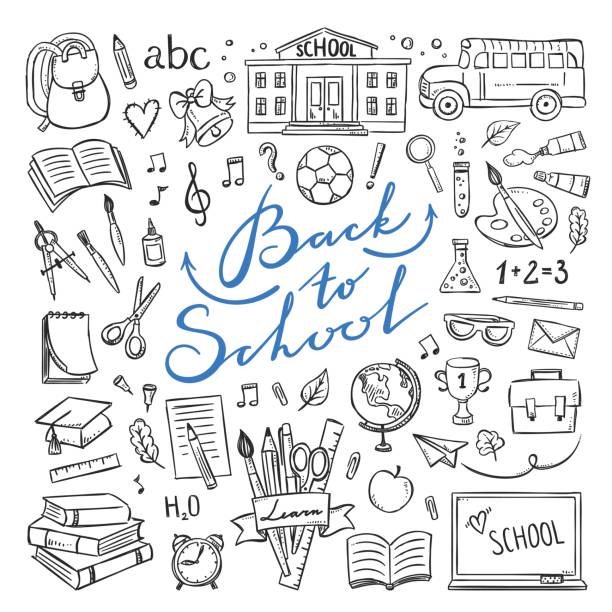 Back to school hand drawn icons. Vector illustrations for school life Back to school hand drawn icons. Vector illustrations for school life school supplies stock illustrations