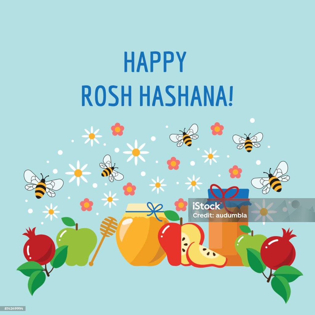 Rosh Hashana illustration Rosh Hashanah jewiah new year illustration. Pomegranate, apples, honey, flowers, bees. Apple - Fruit stock vector