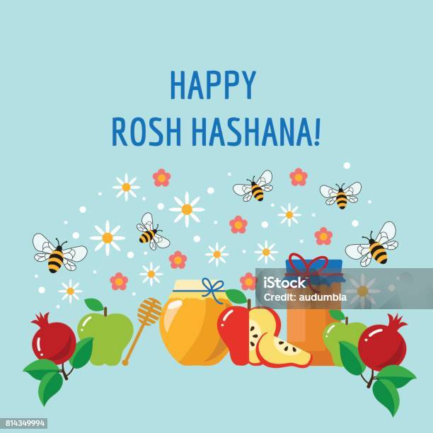 Rosh Hashana Illustration Stock Illustration - Download Image Now - Apple - Fruit, Arts Culture and Entertainment, Bee