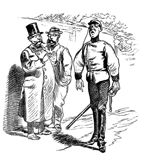 istock Two men wickedly dressed men in hats clapping at the sight of a Prussian officer - Illustration 1867 814350626