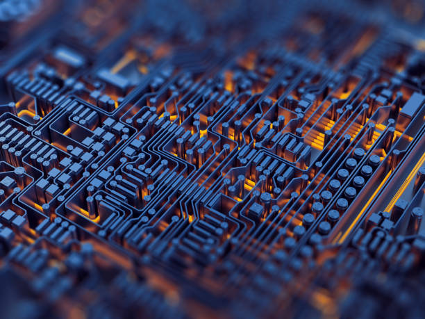 istock 3d abstract background of blue microchips on a circuit board with depth of field. 814355214