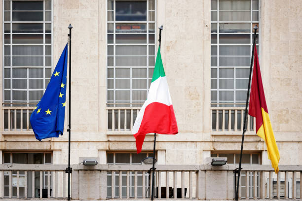 istock Italian Rome Commune and EU flag 814357912