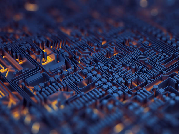 istock 3d abstract background of blue microchips on a circuit board with depth of field. 814394542