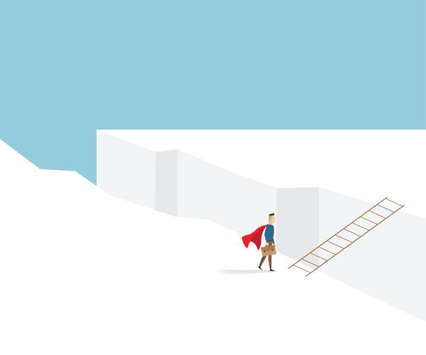 illustrazioni stock, clip art, cartoni animati e icone di tendenza di uomo d'affari in piedi sulla scogliera con scala - cliff ladder business problems