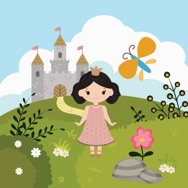 ilustraciones, imágenes clip art, dibujos animados e iconos de stock de historieta de cuentos de hadas - castle fairy tale palace forest