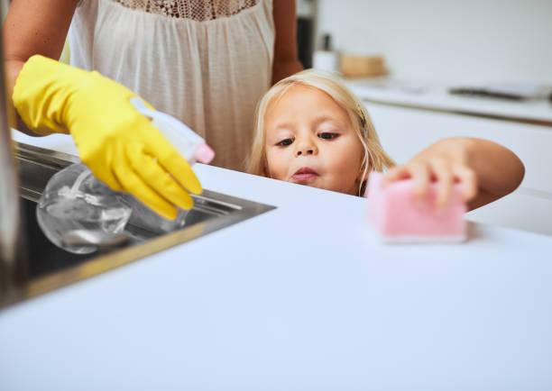 清潔で輝く彼らの家を維持します。 - two parent family indoors home interior domestic kitchen ストックフォトと画像