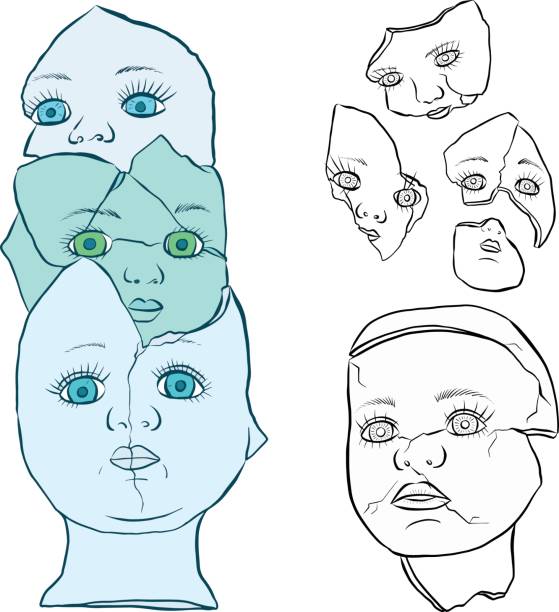 Broken Doll Face and Head Vector Line Art vector art illustration