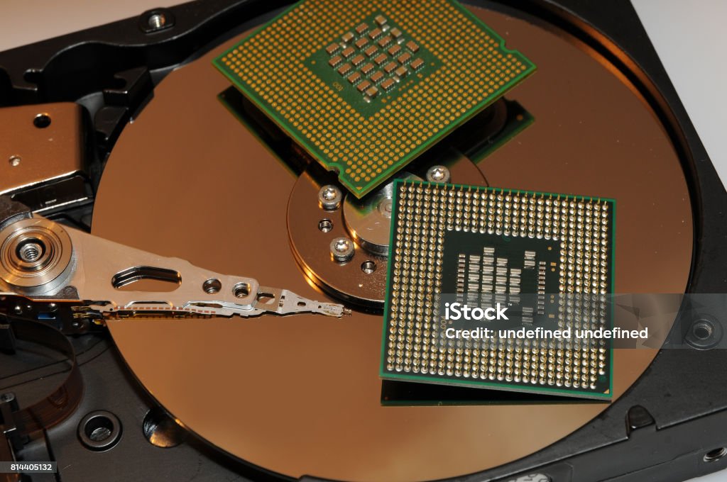 Open Cpu Disc Close Up Of Opened Hard Disk With Two Cpu Processors Over Technology ...