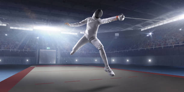istock Female fencer on big professional stage 814409276