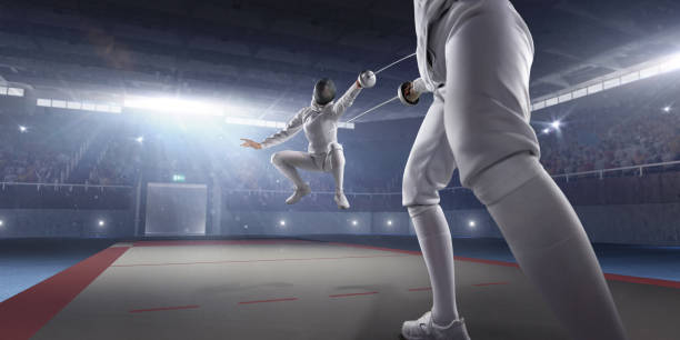 istock Female fencer fight on big professional stage 814409316
