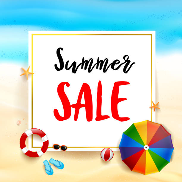 istock Summer sale titile on white rectangle over Abstract background top view of sand and sea beach starfish shell rock and umbrella for summer vacation promotion concept vector illustration eps10 001 814409674
