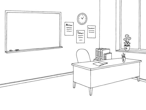 Classroom graphic black white interior sketch illustration vector Classroom graphic black white interior sketch illustration vector classroom empty education desk stock illustrations