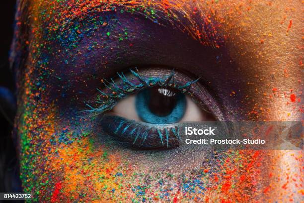 Eye Of Model With Colorful Art Makeup Closeup Stock Photo - Download Image Now - Colors, Creativity, Eye