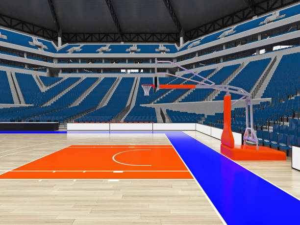 istock Large modern basketball arena with blue seats 814434642