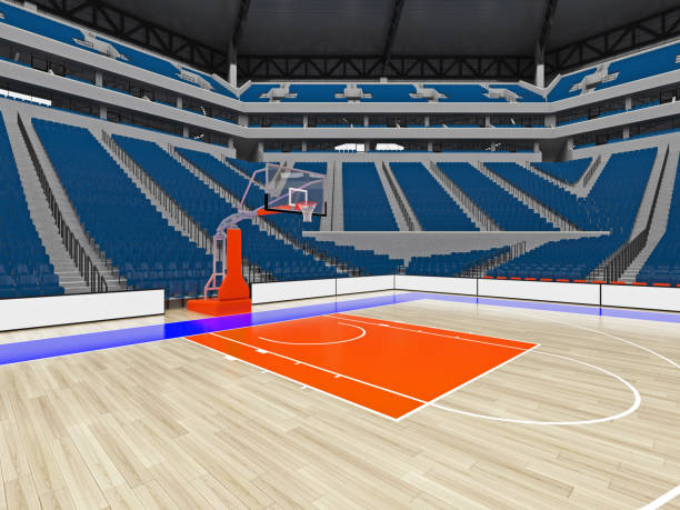 istock Large modern basketball arena with blue seats 814434644