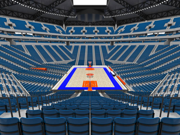 istock Large modern basketball arena with blue seats 814434656